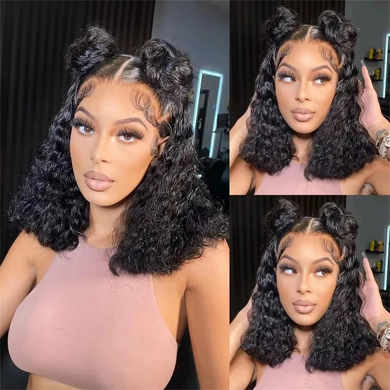 Natural Hairline Water Wave 13x4 Lace Front Wigs Human Hair 180% Density Short Bob Wig Human Hair Pre Plucked for Women 16inch