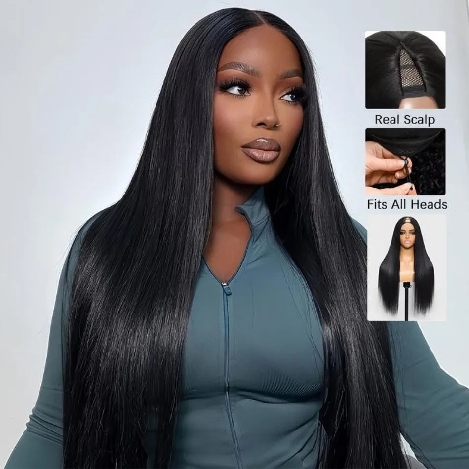 V Part Wigs Human Hair Wear And Go Glueless Straight Black Brazilian Wigs 100% Human Hair For Women 220 Density 30 Inch No Lace