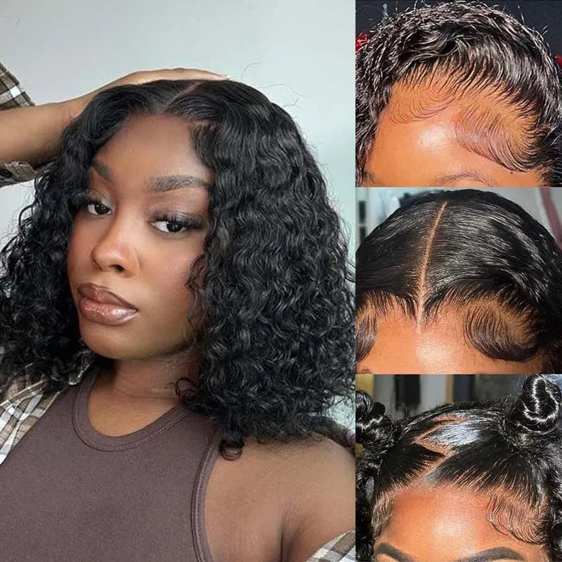 Natural Hairline Water Wave 13x4 Lace Front Wigs Human Hair 180% Density Short Bob Wig Human Hair Pre Plucked for Women 16inch